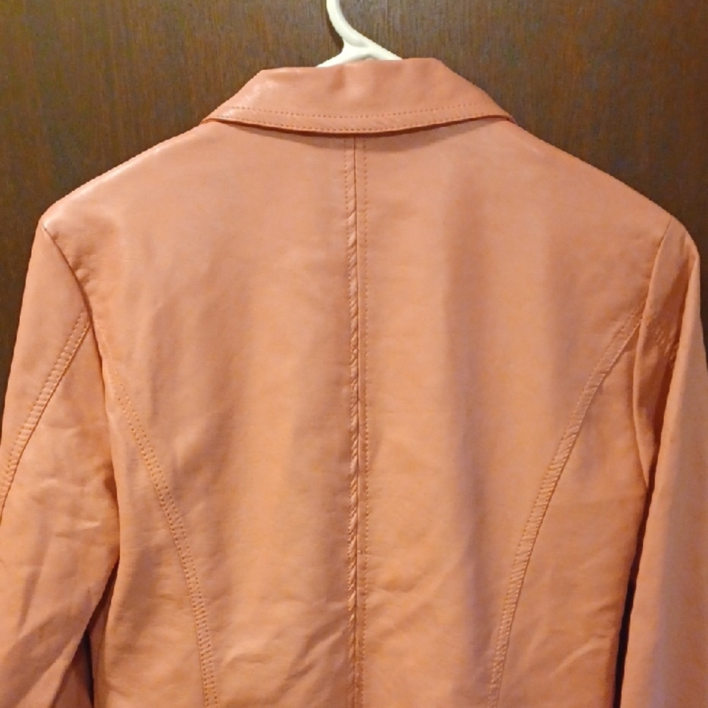 mi a mi Salmon Pink Ruffle Faux-Leather Jacket Size Small - Picture 13 of 14